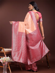 Graceful Orange & Maroon Banarasi Silk Saree with Rich Zari Woven Border – Traditional Elegance for Celebrations