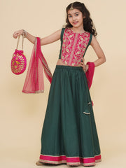 Boho Design Girls Pink Embroidered Choli Green Ready to Wear Lehenga With Dupatta