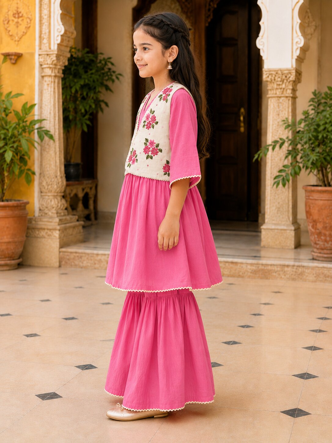 Girls Pink Embroidered Jacket Style Kurta Set