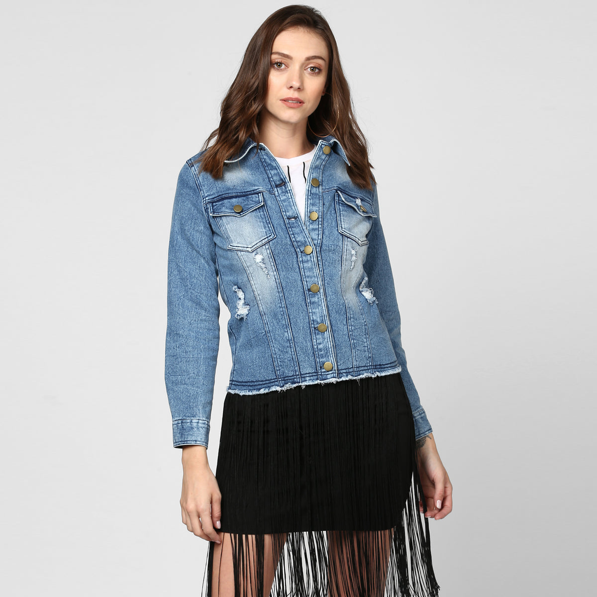 Women's Blue Distressed Denim Jacket