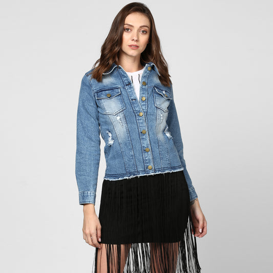 Women's Blue Distressed Denim Jacket
