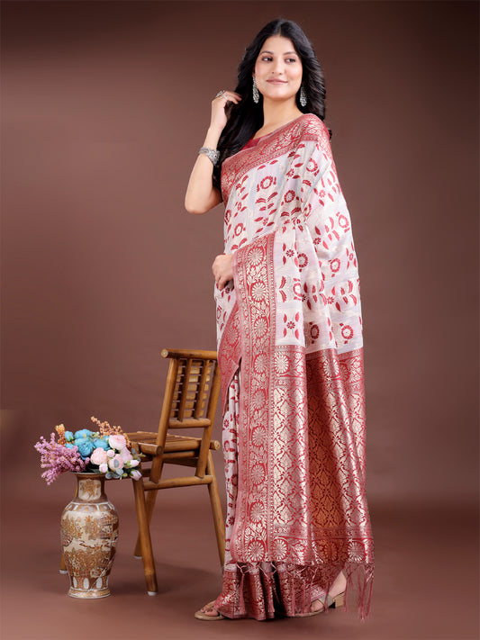 White & Maroon Woven Linen Cotton Saree with Rich Zari Border – Soft Festive Wear Saree for Women