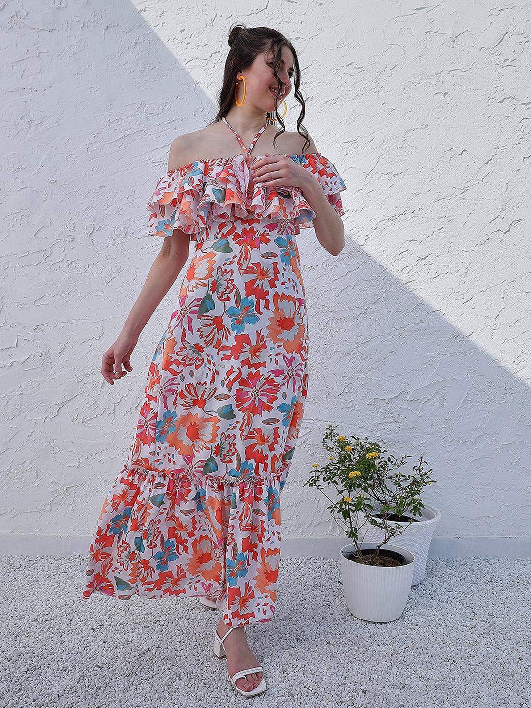 Orange Floral Printed Halter Neck Tiered Gathered Crepe Maxi Midi Dress