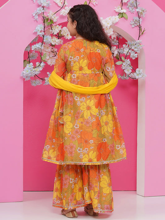 Girls Yellow Floral Printed Alia Design Kurta With Sharara With dupatta
