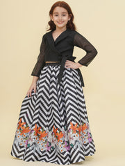 Girls Indo-Western Black & White Zig Zag Flower Digital Printed Top & Ready to wear Lehenga