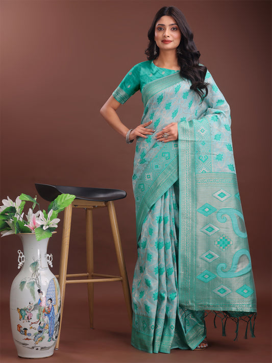 Stylish Green Linen Cotton Saree with Woven Design – Lightweight Elegance for Everyday Grace