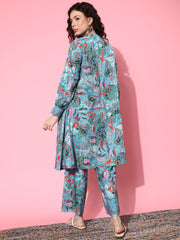 Kalini Women Sea Green Abstract Printed Mandarin Collar, Bishop Sleeves Aline Kurta Paired With Tonal Printed Bottom