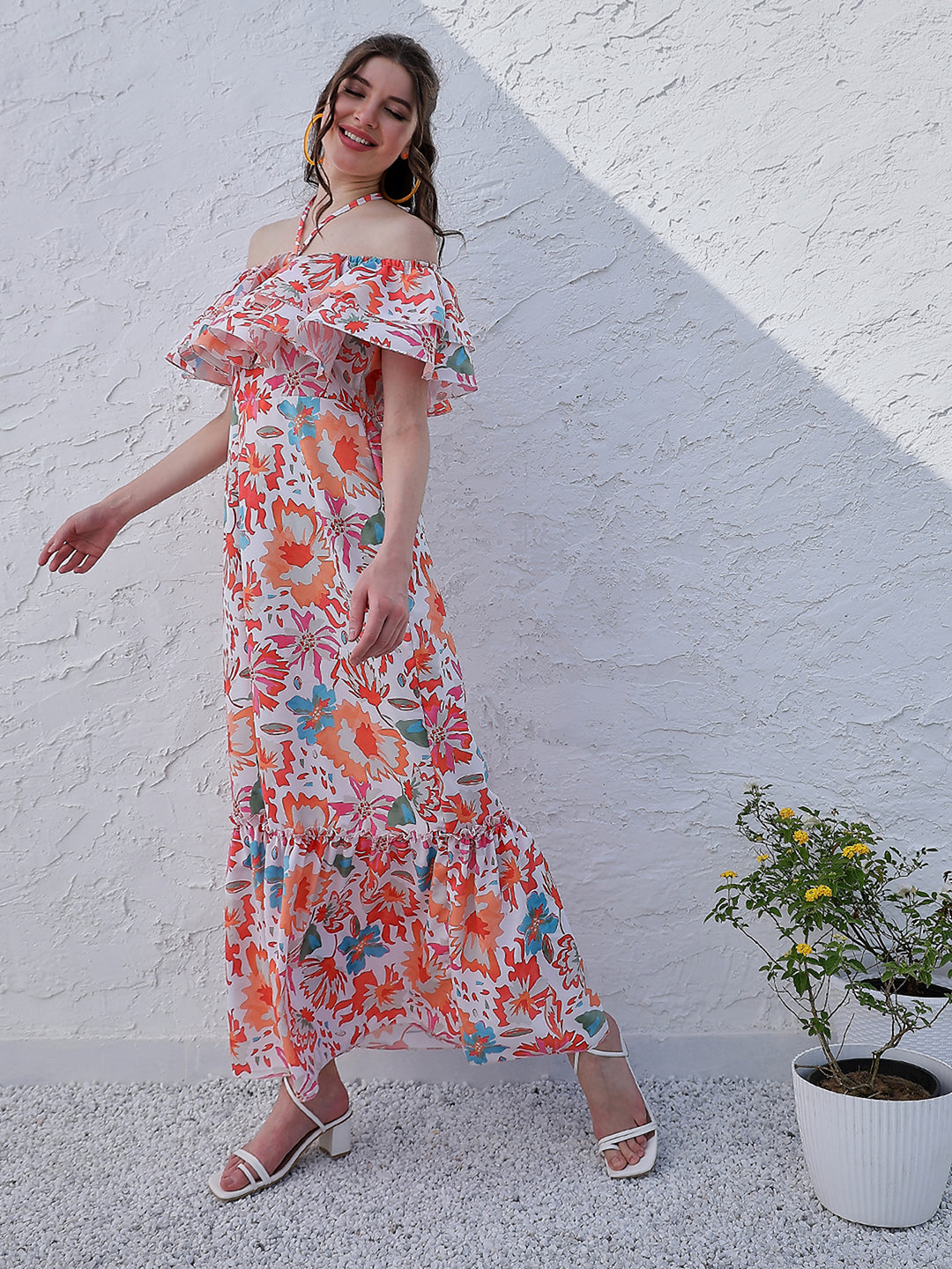 Orange Floral Printed Halter Neck Tiered Gathered Crepe Maxi Midi Dress