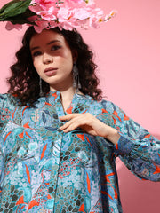 Kalini Women Sea Green Abstract Printed Mandarin Collar, Bishop Sleeves Aline Kurta Paired With Tonal Printed Bottom