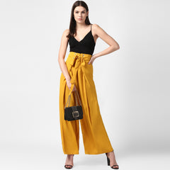 Women's Yellow Polyester High Waisted Palazzo with front Rivets and Back Elastic