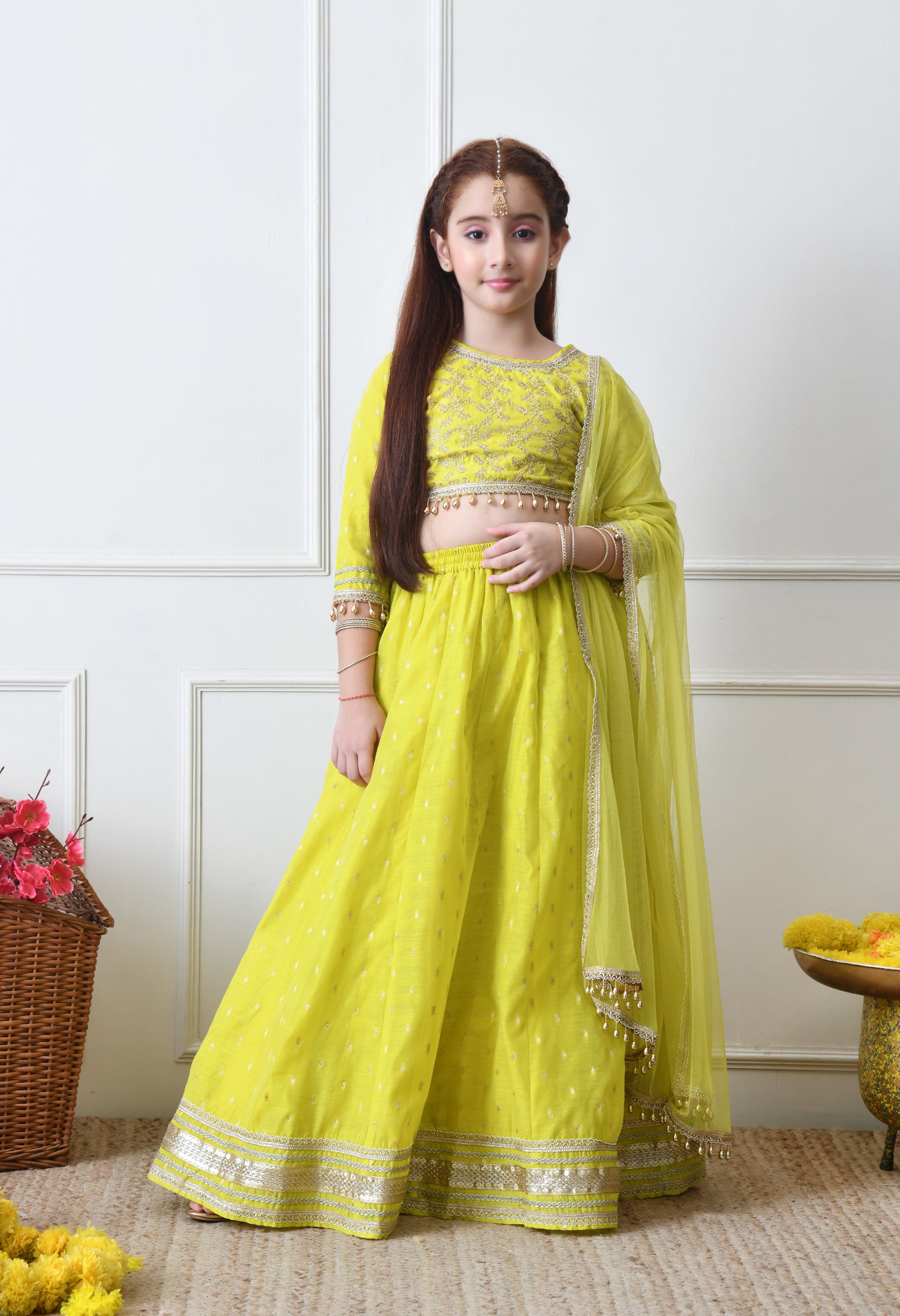 Girls Lime Green Embroidered Lehenga Choli Set with Net Dupatta