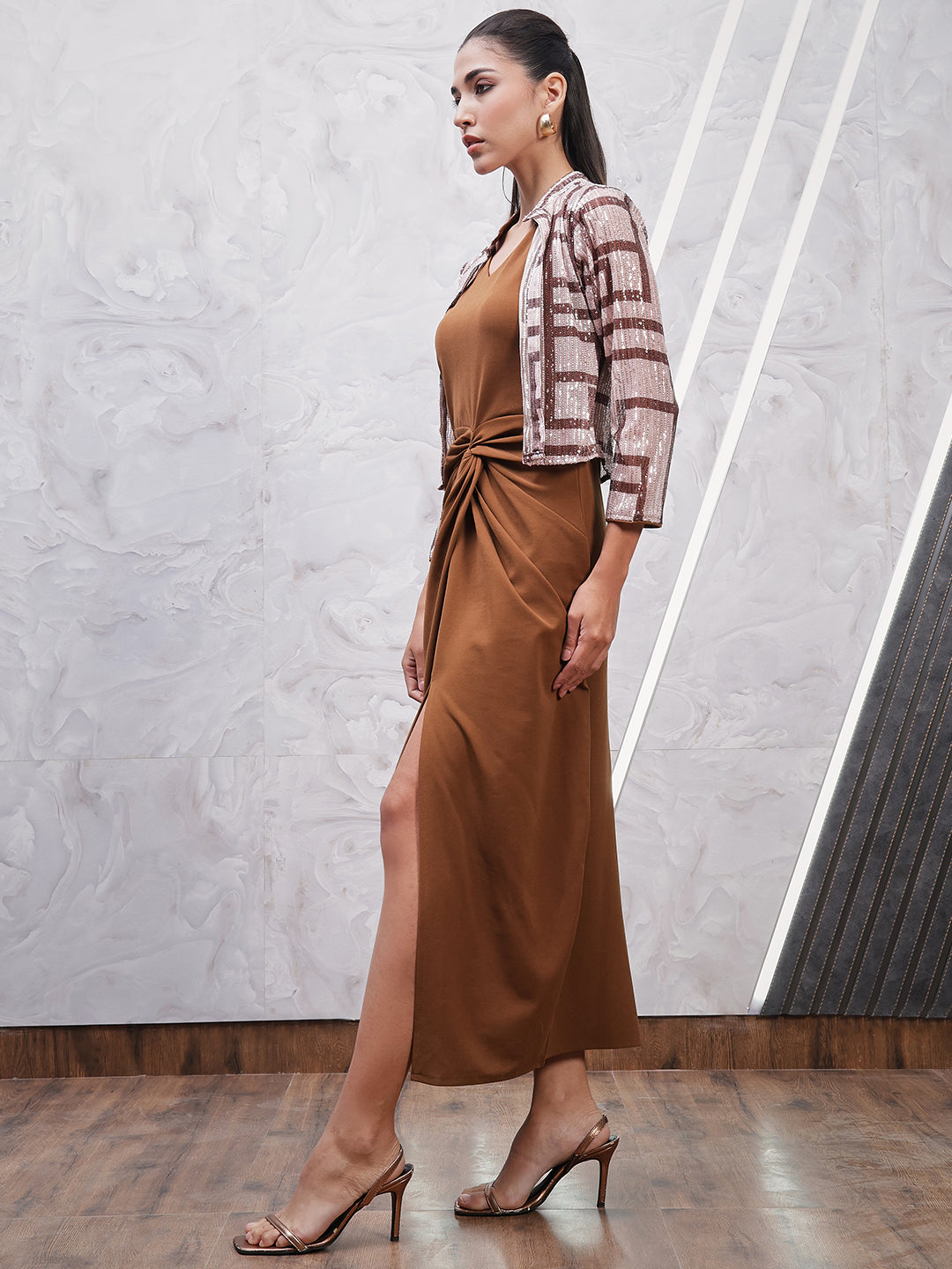Embroidered Knotting A-Line Dress with Jacket