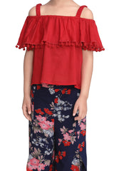 Girls Red Top and Floral 3/4th Pants Set