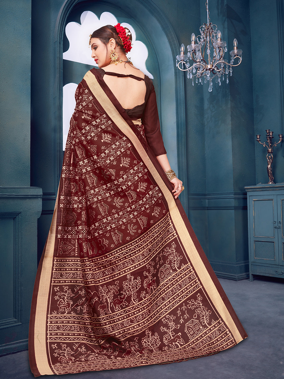 Women's Bhagalpuri Silk Brown Printed DesignerSaree With Blouse Piece