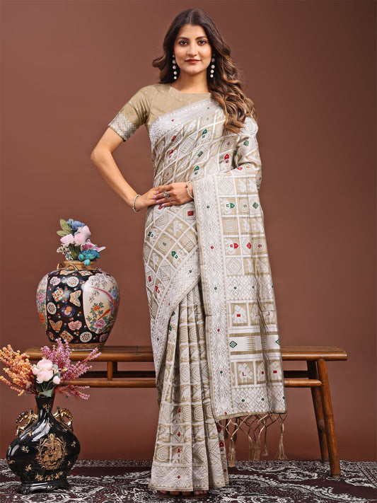 Threads of Tradition: Beige Linen Cotton Saree Woven with Stories of Grace & Heritage