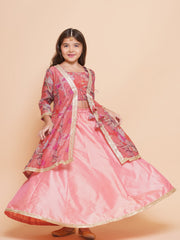 Girls Peach Floral Printed Shrug & Blouse With Ready to Wear Lehenga.