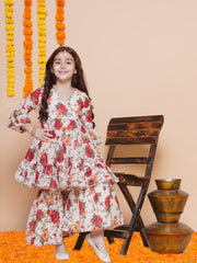 Silk blend Woven Three-Quarter Sleeves Floral Print Flared Kurta And Sharara Set - Offwhite