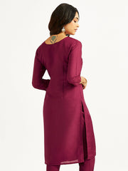 Women's Wine Kurta And Pant Set.