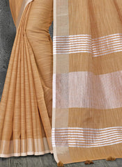 Elegant Peach Woven Linen Saree with Contrast Zari Border & Tassels – Soft & Breathable Party Wear