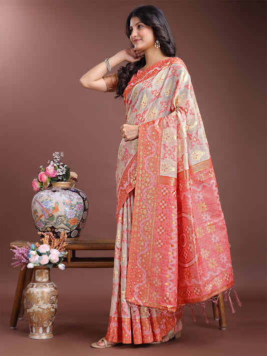 Graceful Beige & Coral Linen Cotton Saree – Lightweight Elegance for Modern Women
