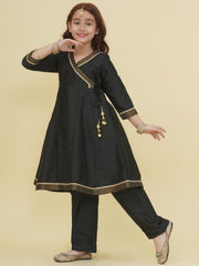Girls Black Angrakha Kurta with Trousers