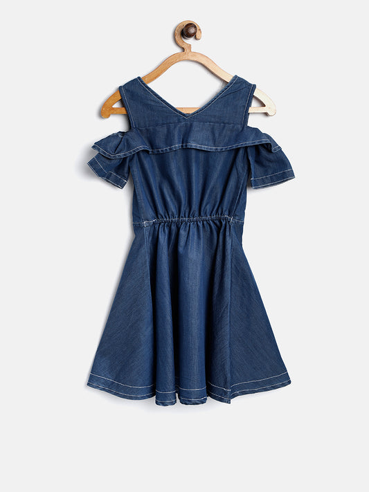 Girls Denim Zip Cold Shoulder Dress