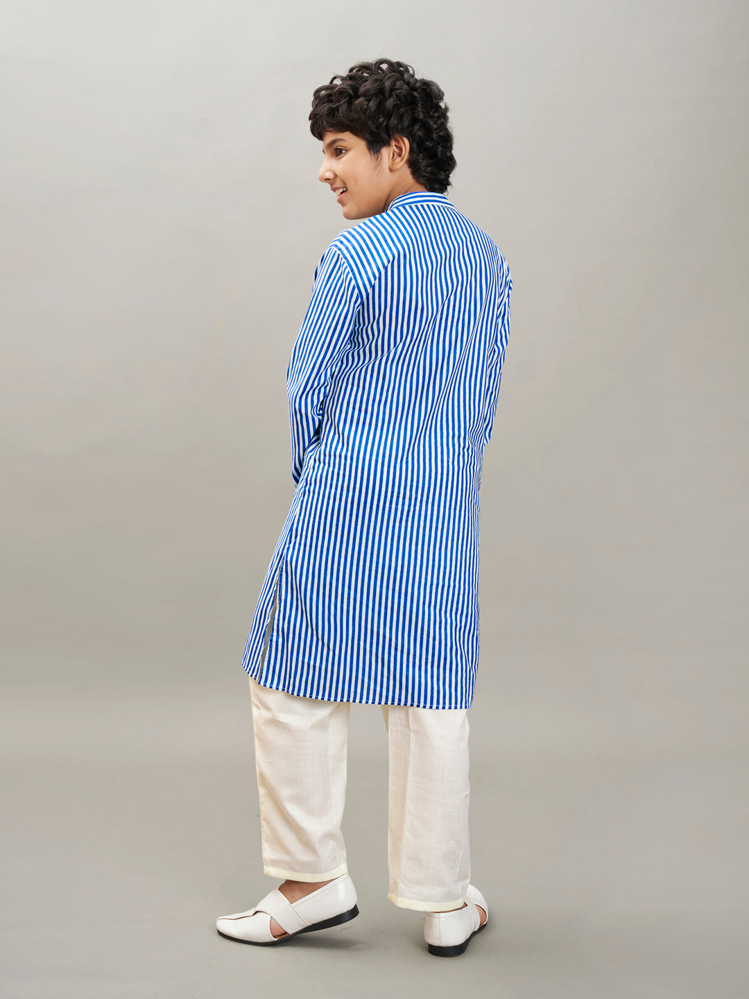 Boys blue white stripe embroidery kurta with a off white pajama