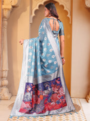 Floral Linen Cotton Saree with Zari Border & Digital Printed Pallu - Elegant Sari for Festive Occasions