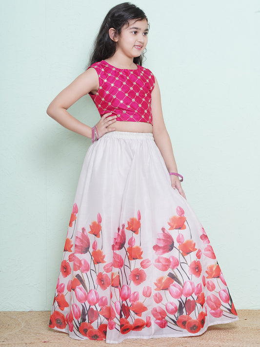 Girls Pink Mirror Work Ready to Wear Blouse & Digital Printededed Lehenga With Dupatta