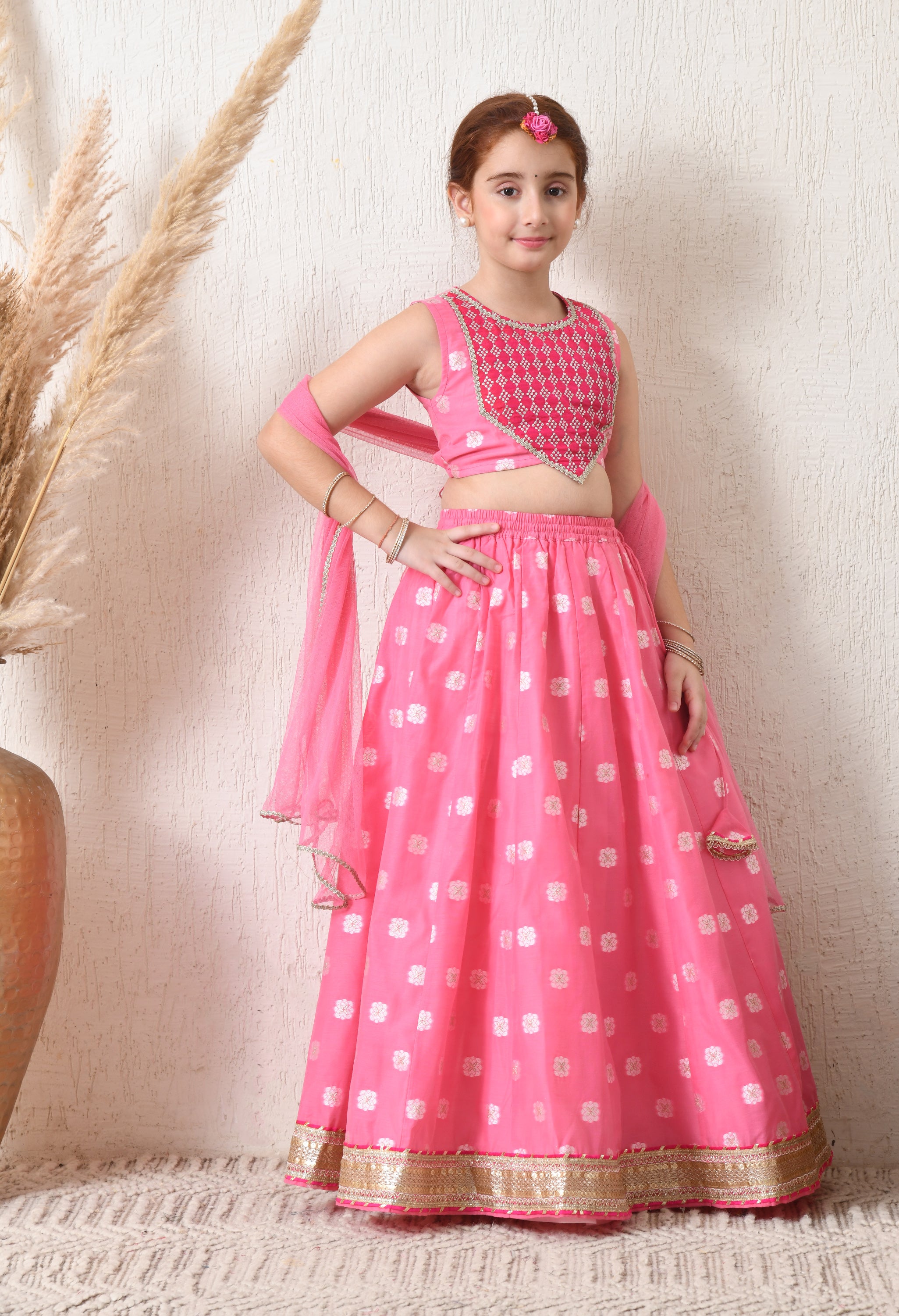 Girls Pretty Pink Embroidered Lehenga Choli Set with Net Dupatta