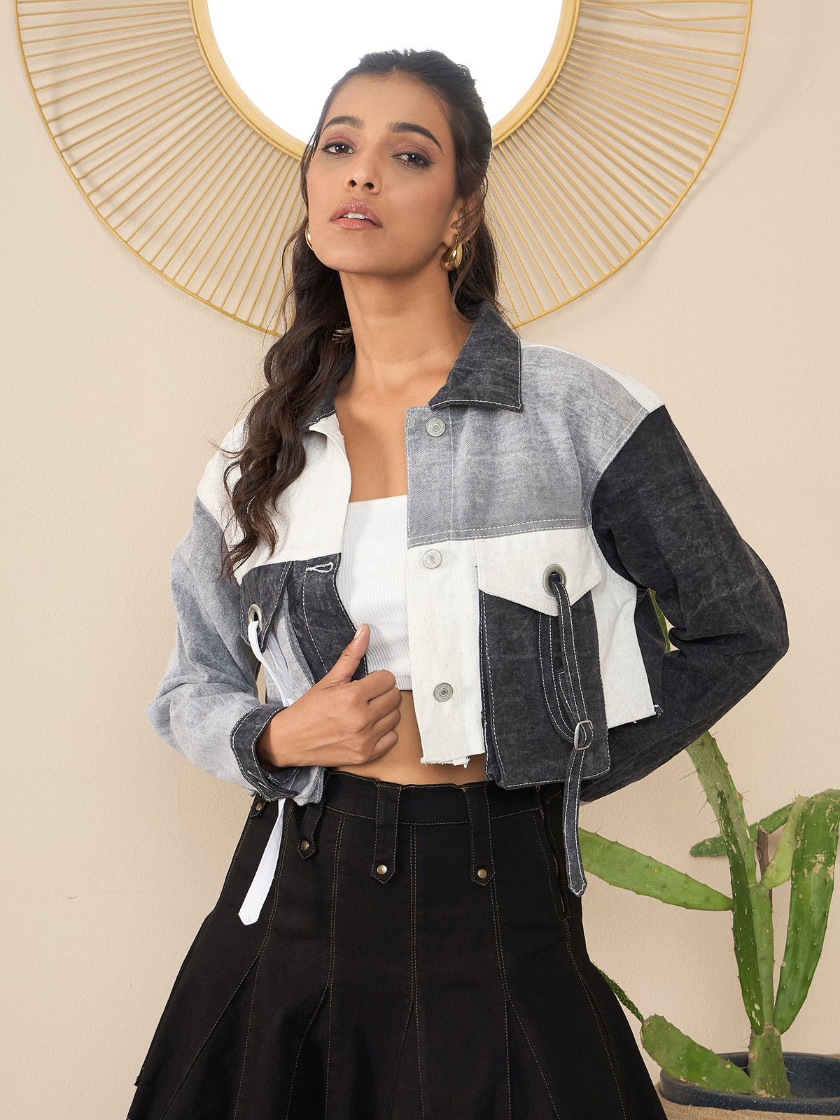 Women's Black  Denim Crop Jacket with Color Blocking patchwork detail