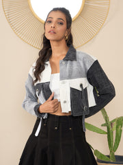 Women's Black  Denim Crop Jacket with Color Blocking patchwork detail