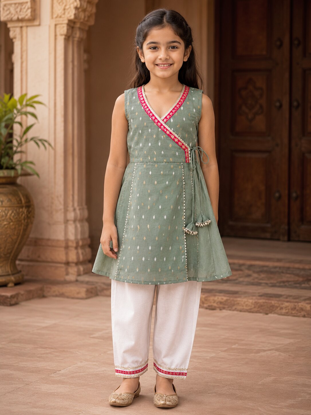 Girls Pista Green Kurta With Farsi Salwar