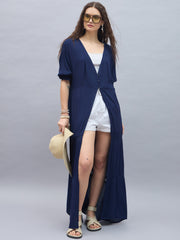 Women's Rayon Crepe Navy Longline Shrug with Lace Inserts