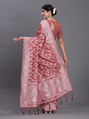 Sky Blue Linen Cotton Saree with Multicolor Elephant & Temple Motifs – Traditional Woven Pallu & Tassels