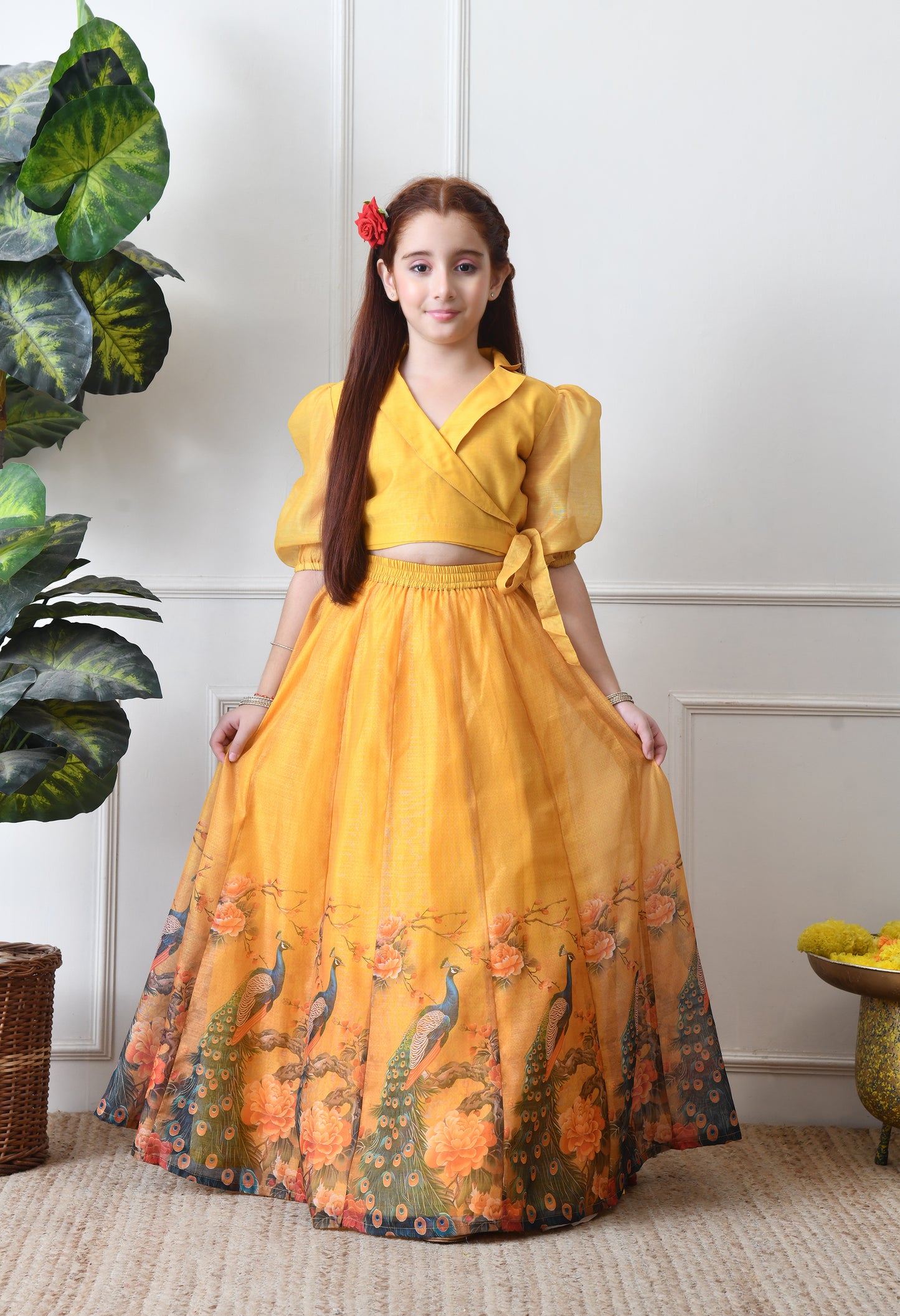 Girls Yellow Peacock Print Lehenga Set with Puff Sleeve Blouse
