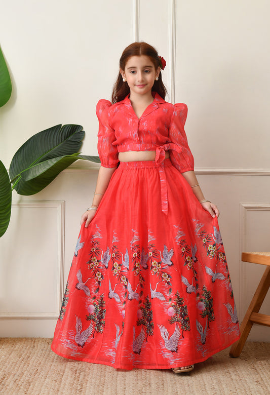Girls Coral Red Swan Printed Crop Top and Skirt Set