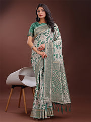 Stunning Beige & Red Linen Saree with Floral Print and Rich Zari Pallu – Festive & Traditional Wear