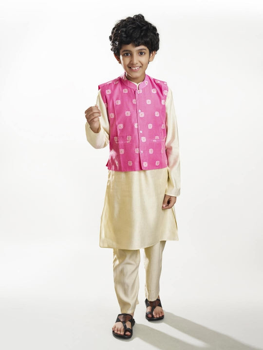 Boys off white kurta pajama with pink jacquard booti Jacket