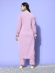 Kalini Women Mauve Straight Kurta With Pom Pom Hem Paired With Tonal Bottom