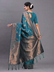 Navy Blue Banarasi Silk Saree with Copper Zari Woven Pallu & Feather Butta – Wedding & Festive Wear
