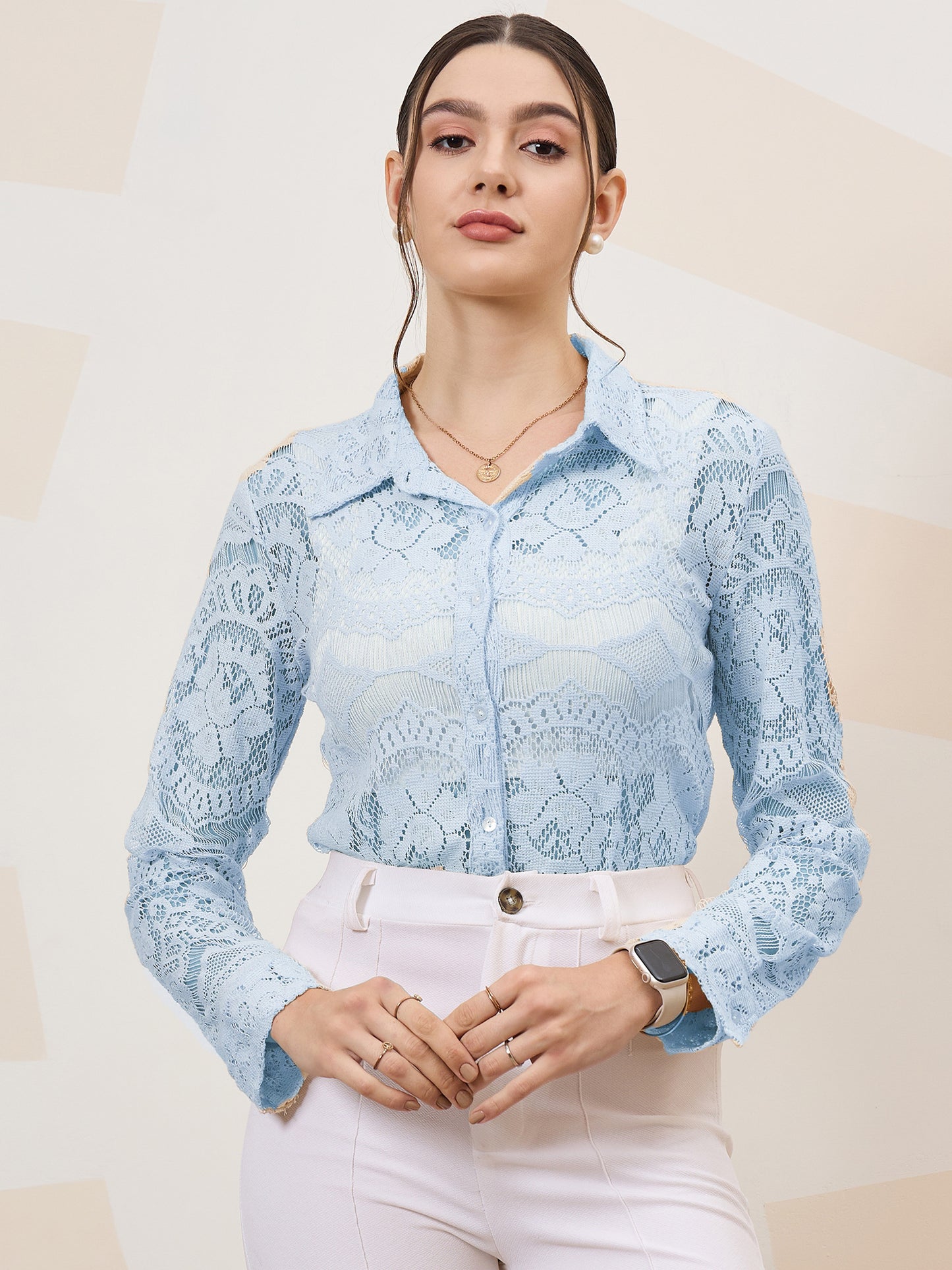 Self Design Cuffed Sleeves Lace Inserts Semi Sheer Shirt Style Top