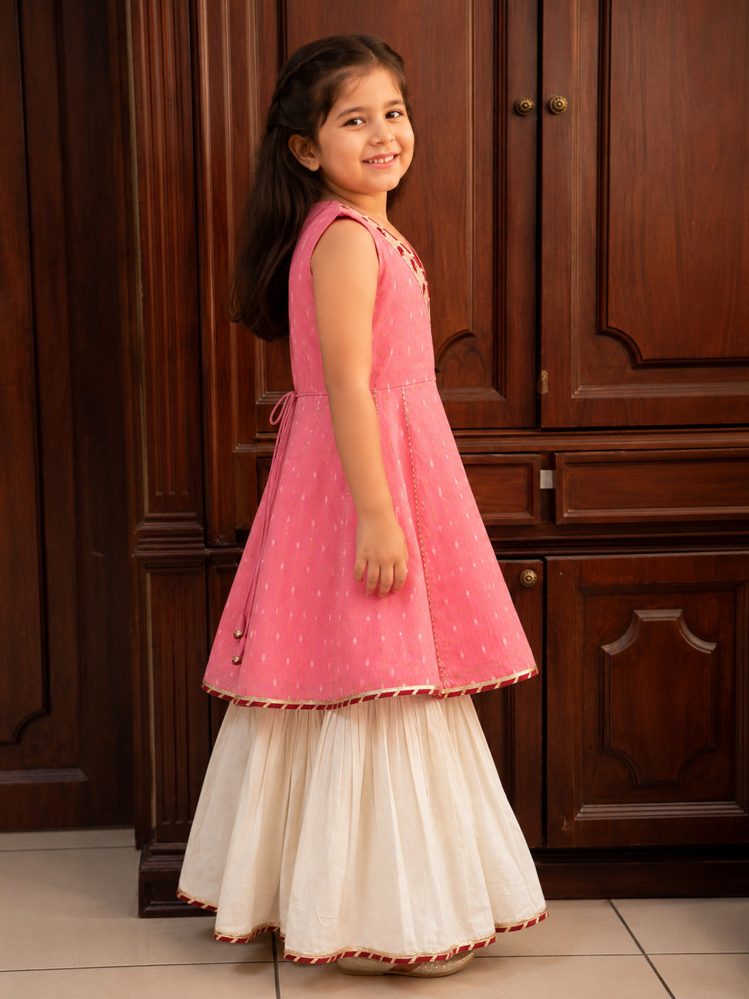 Girls Peach Kurta With White Sharara