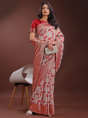 Stunning Beige & Red Linen Saree with Floral Print and Rich Zari Pallu – Festive & Traditional Wear