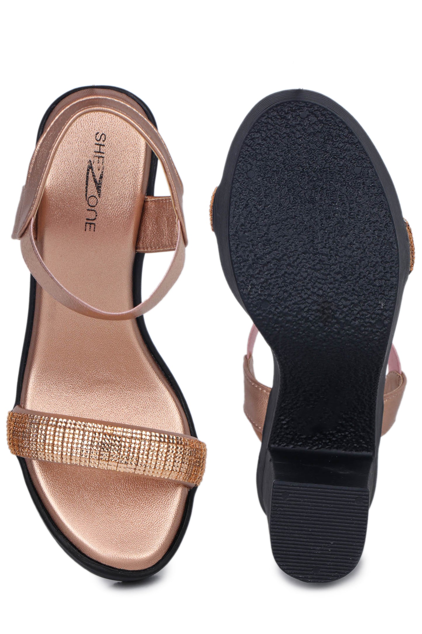Shezone-Casual Fashion Sandals 4 Inches Block Ankle Loop Round Toe Heels