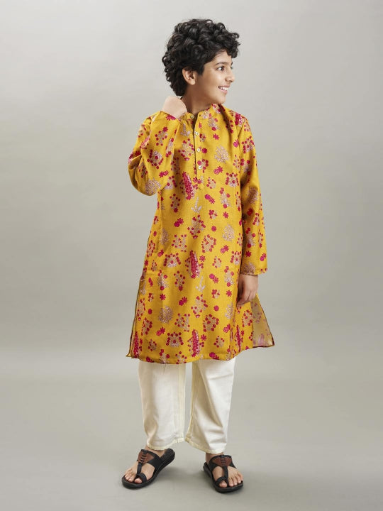 Bittu By Bhama - Boys yellow & red kurta with a white pajama