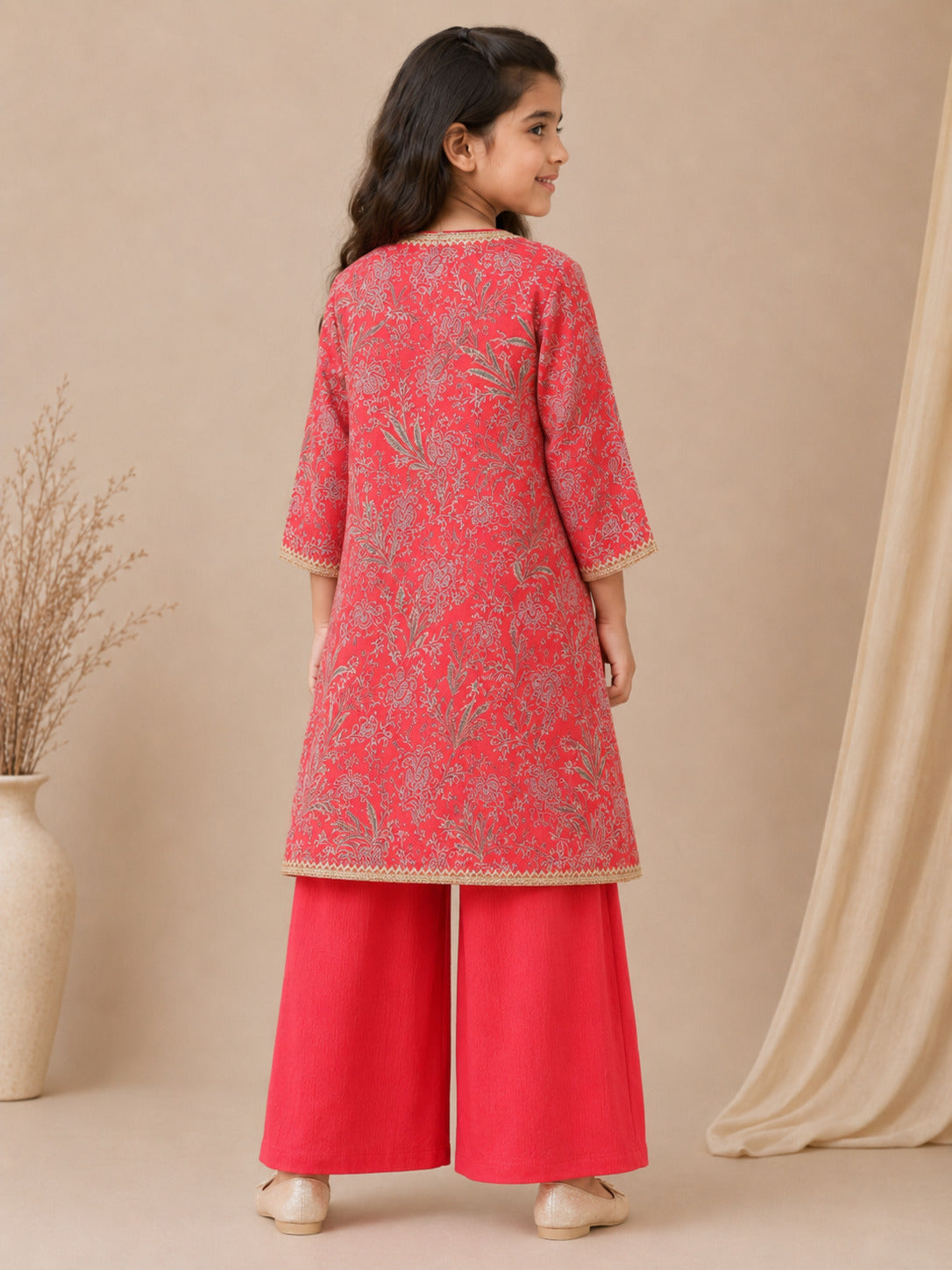 Girls Red Top With Matching Plazzo & Printed Jacket