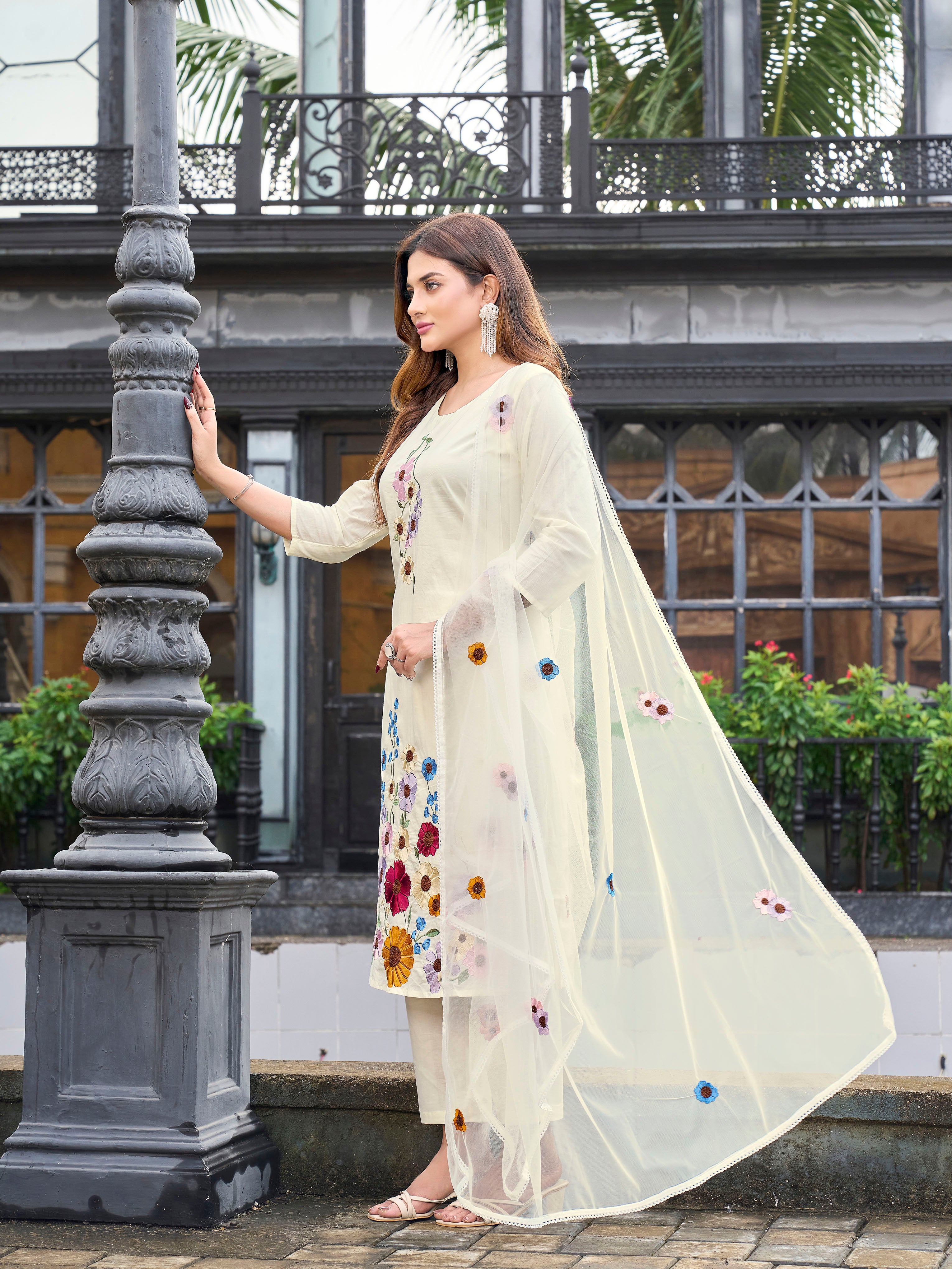 Off whithe color pur cotton with colourful thread embroidered kurta & trouser with dupatta set 