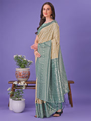 Vibrant Yellow & Blue Lichi Silk Saree with Rich Woven Border and Contrast Blouse – Festive & Wedding Wear