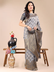 Elegant Grey and Gold Silk Saree – Graceful Artistry with Contemporary Charm